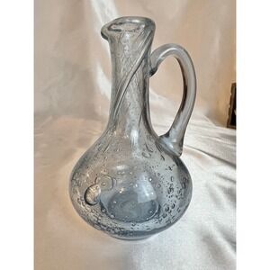 Hand Blown Glass Pale Blue 6" Pitcher With Applied Handle Bubbles Throughout